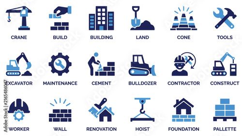 Construction Machinery Icon Set – Crane, Excavator, Bulldozer, Worker, Hard Hat Flat Blue Icons for Building and Engineering Apps