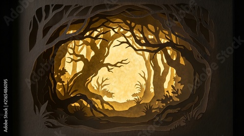 A magical forest diorama illuminated with warm golden light, showcasing intricate paper-cut silhouettes of trees and undergrowth. The scene evokes a sense of wonder and enchantment.