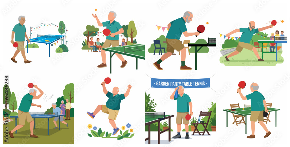 Fototapeta premium Active Senior Man Playing Table Tennis at Outdoor Garden Party Illustration Set