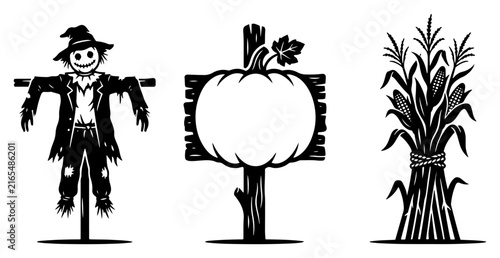 Autumn harvest farm elements and seasonal scarecrow in black silhouette style