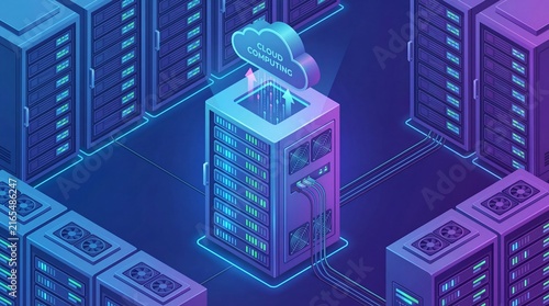A server rack connected to a cloud symbol with a blue and purple neon glow, representing data storage and connectivity