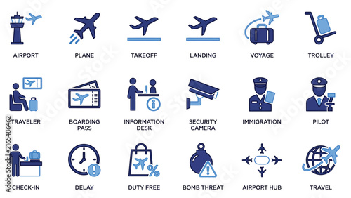 Airport Travel Icon Set – Airplane, Boarding Pass, Luggage, Check-In, Pilot Flat Blue Icons for Airline and Travel Apps