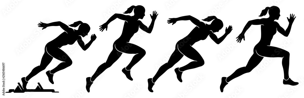 Obraz premium Female sprinter silhouettes demonstrating starting block and running phases in black vector style