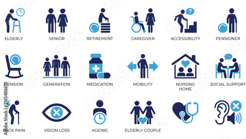 Elderly Care Senior Icon Set – Caregiver, Retirement, Mobility, Medication, Wheelchair Flat Blue Icons for Healthcare Apps