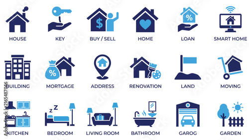 Real Estate Property Icon Set – House, Key, Mortgage, Kitchen, Bedroom, Garden Flat Blue Icons for Home Buying and Property Apps