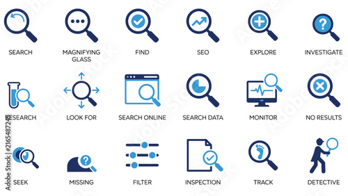 Search Investigation Icon Set – Magnifying Glass, SEO, Filter, Track, Research Flat Blue Icons for Analytics and Discovery Apps