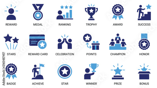 Achievement Reward Icon Set – Trophy, Medal, Badge, Star, Podium, Ranking Flat Blue Icons for Gamification and Loyalty Apps
