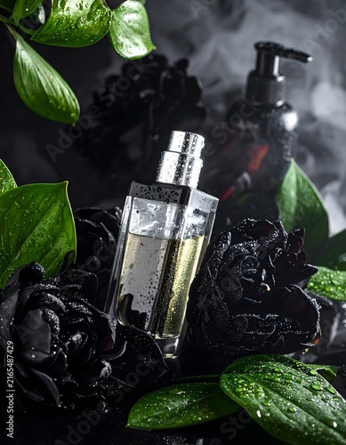 Luxury perfume bottle with elegant floral arrangement, evoking sophistication and allure. A mystical atmosphere is created with dark black flowers, lush green leaves, and subtle mist.
