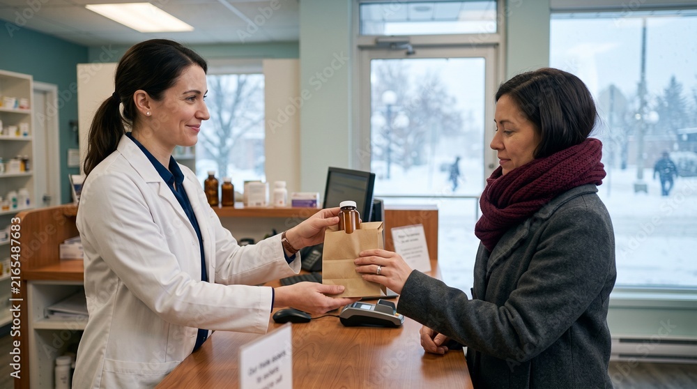 Obraz premium Customer receives winter pharmacy care at exit counter