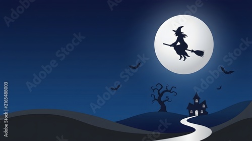 Halloween Witch Flying Over Haunted Village at Night