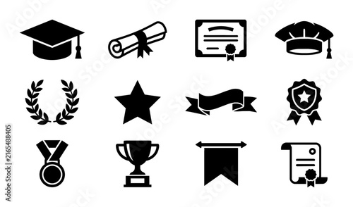 Graduation Cap and Diploma Icons, Award Medals and Trophies, Set of 12 Vector Graphics for Academic Achievement and Recognition