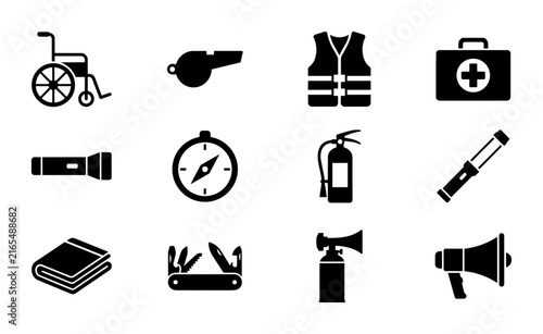 Emergency and Safety Equipment Icons: First Aid, Survival Gear, and Signaling Tools Vector Set