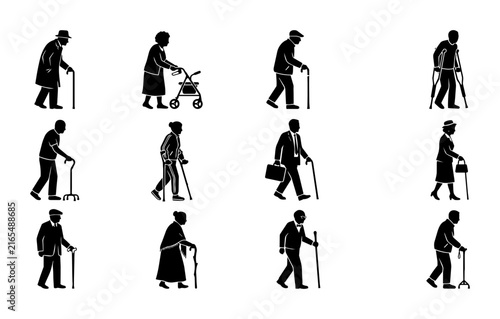 Senior Citizens Silhouette Collection, Elderly People Walking with Canes and Walkers, Diverse Age Group Icons, Black and White Vector Set for Healthcare and Lifestyle