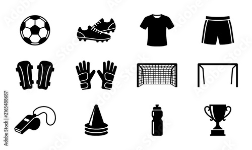 Soccer Equipment Icons Set, Football Gear Vector Graphics, Sports Training Symbols, Team Game Accessories, Championship Trophy, Goalie Gloves, Cleats, Ball, Whistle, Cones, Water Bottle