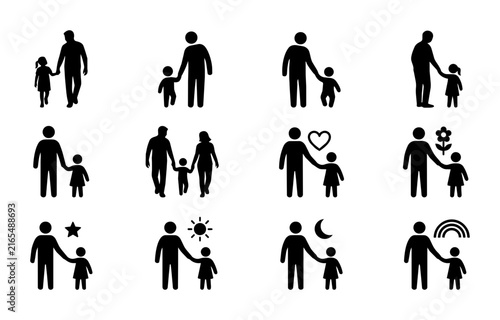 Parent and Child Icon Set, Family Love Symbols, Childhood Moments Collection, Diverse Relationships Vector Graphics