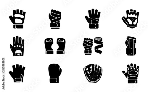 Diverse Glove Icons Set, Sports Protective Gear Collection, Martial Arts Handwear Vector Graphics, Fitness Training Mitts and Boxing Equipment