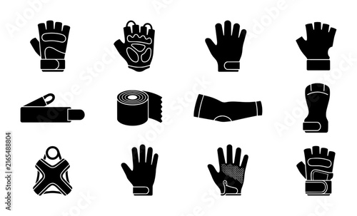 Fitness Gloves and Workout Gear Icons, Gym Accessories Vector Set, Weightlifting Hand Protection and Training Equipment Collection