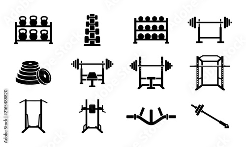 Gym Equipment Icons Set, Fitness Gear Vector Graphics, Weightlifting Machine Collection, Strength Training Tools