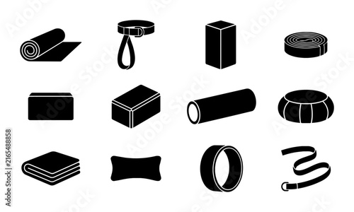 Yoga and Pilates Equipment Icons, Fitness Accessories Set, Wellness Tools Collection, Black and White Vector Graphics for Health and Exercise