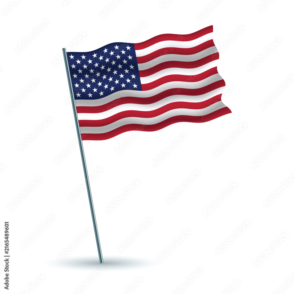 Fototapeta premium USA Waving Flag on Pole Vector Illustration Isolated on White Background