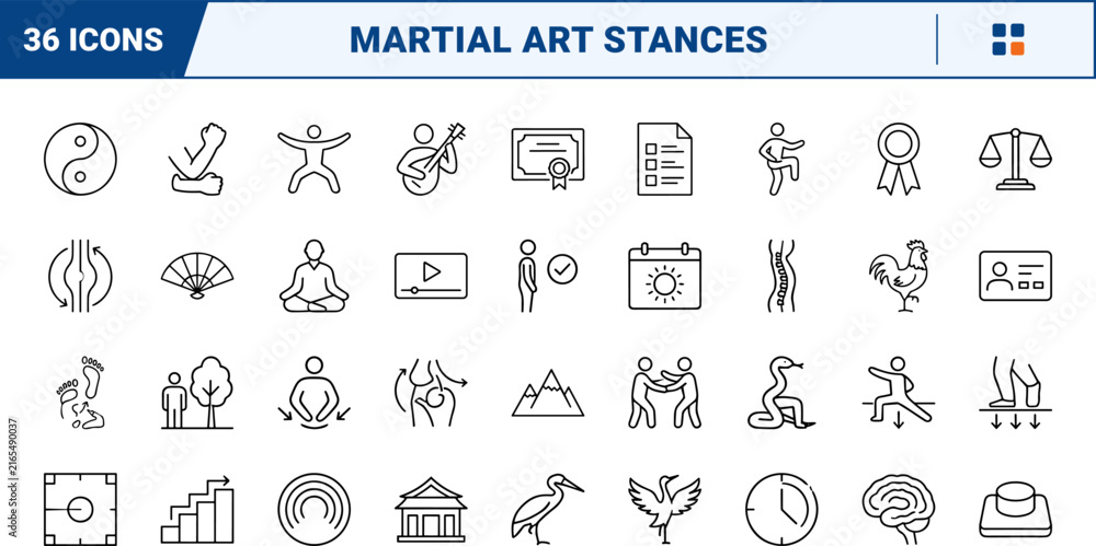 Fototapeta premium Tai chi stances line icon set. Vector pictograms of pose, stance, posture, and martial elements, thin linear illustration.