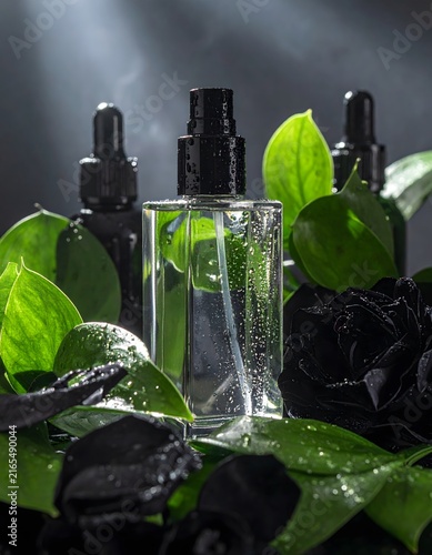 A clear glass spray bottle, surrounded by lush green leaves and dark black petals, with two dark dropper bottles in the background, creates an elegant composition.