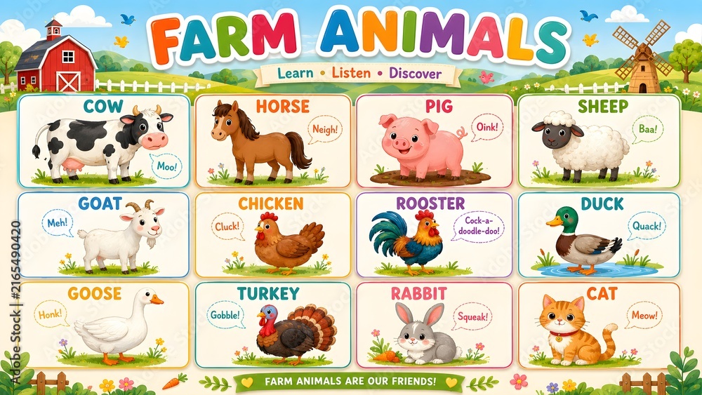 Fototapeta premium Bright educational chart featuring domestic farm animals with names. Fun learning poster including cow, horse, pig, sheep, and barnyard animals.