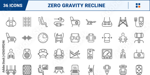 Electric massage chair recline line icon set. Vector pictograms of zero, gravity, backrest, and legrest elements, thin linear illustration.