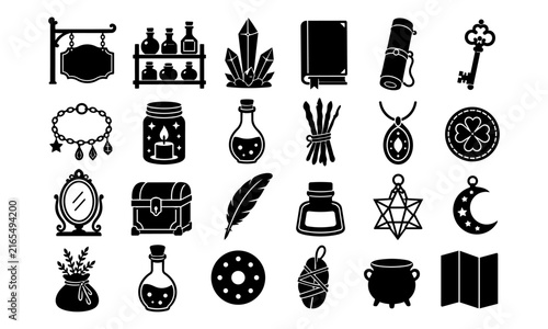 Black magic potion and witchcraft object vector icon set