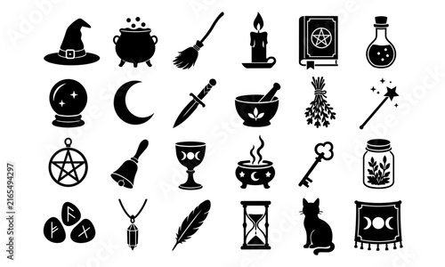 Black witchcraft and magic symbol vector icon set