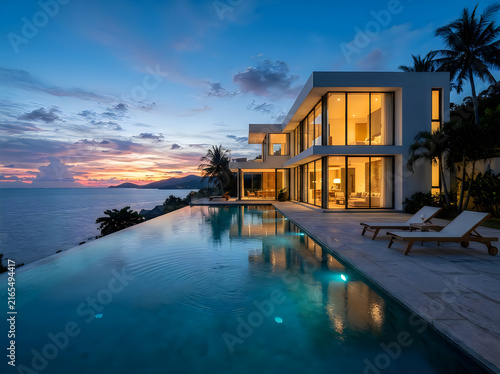 Luxury modern villa with infinity pool overlooking the ocean at sunset
