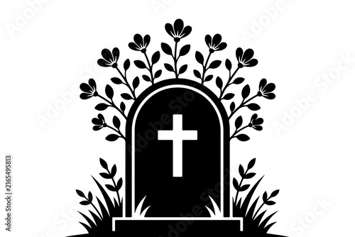 Canvastavla Black silhouette tombstone with cross and flowers for memorial mourning concept