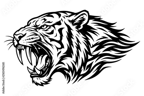 Konstfotografi Fierce saber toothed tiger head vector illustration in aggressive roaring pose w