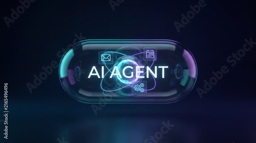 AI Agent concept with glowing digital interface and futuristic data visualization technology.