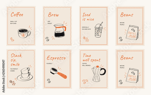 Coffee poster set doodle style. Hand drawn cups, cafe elements, drinks, coffee beans, coffee icons, good for cafe wall art, menus, restaurant decor and branding. Vector illustration