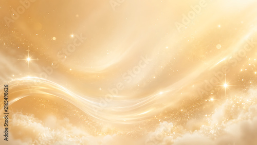 Abstract golden background with soft flowing waves and sparkling light particles.