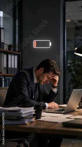 Overworked Businessman Experiencing Burnout in Dark Office