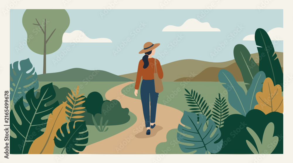 Naklejka premium Woman walking on winding path in lush green natural landscape illustration