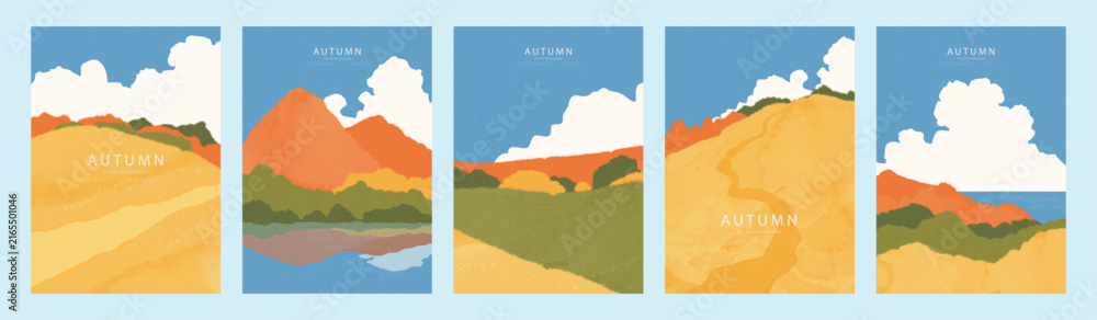 Fototapeta premium Set of autumn landscape card designs in a painterly style with grainy texture. Featuring vibrant hills, mountains and sky for seasonal greeting and backdrop, vector illustration.