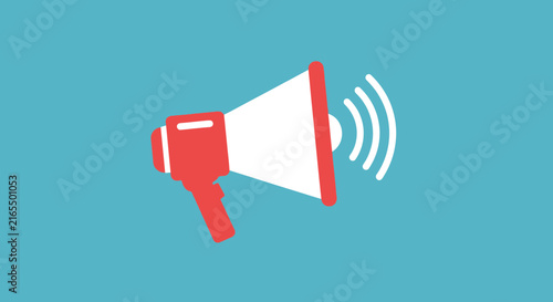 Red megaphone icon with sound waves on a blue background, symbolizing public announcement, communication, and marketing.