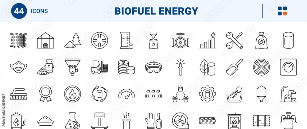 Fototapeta premium Biomass Pellet Scoop line icon set. Vector pictograms of heating, biofuel, equipment, and processing elements, thin linear illustration.