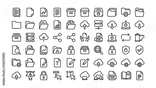 Comprehensive collection of file folder cloud data management security and digital technology outline icons vector set