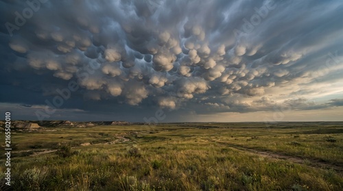 Dramatic mammatus clouds over a vast open prairie landscape at sunset