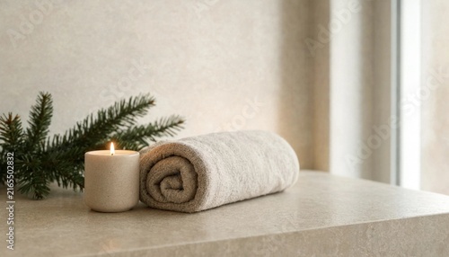 Rolled towels with pine branch on neutral spa wellness background