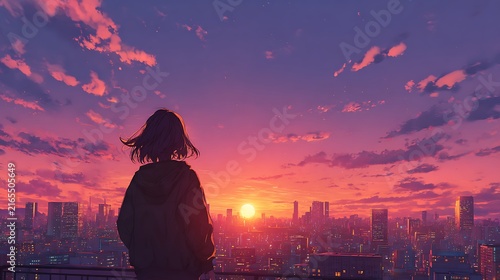 Anime Silhouette Watching City Sunset – Cinematic Illustration of Person Overlooking Skyline