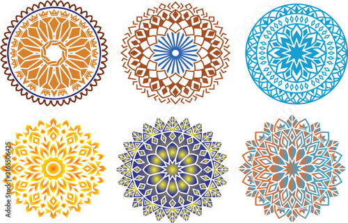 Colorful intricate mandala patterns in vibrant hues and symmetrical designs