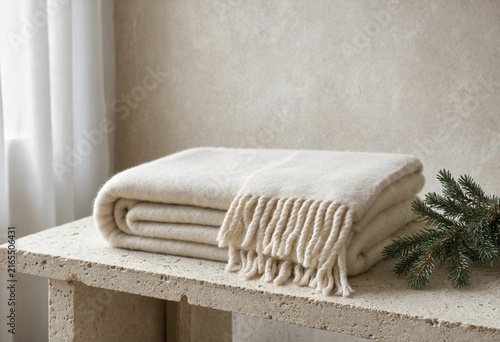 Folded wool blanket on stone bench with pine branch minimalist scene