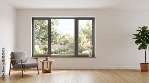Minimalist living room interior with large window, empty white wall mockup, modern lounge chair and wooden floor