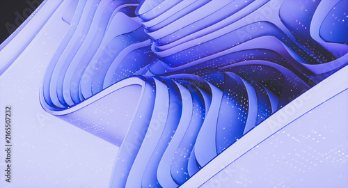 3d Abstract technology background with futuristic flowing wavy glass layered on black background.