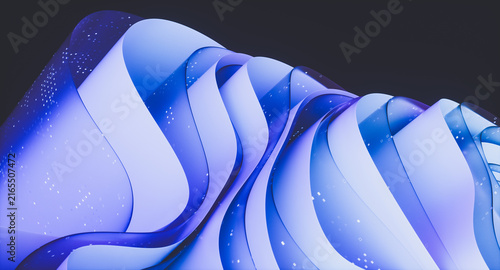 3d Abstract technology background with futuristic flowing wavy glass layered on black background.